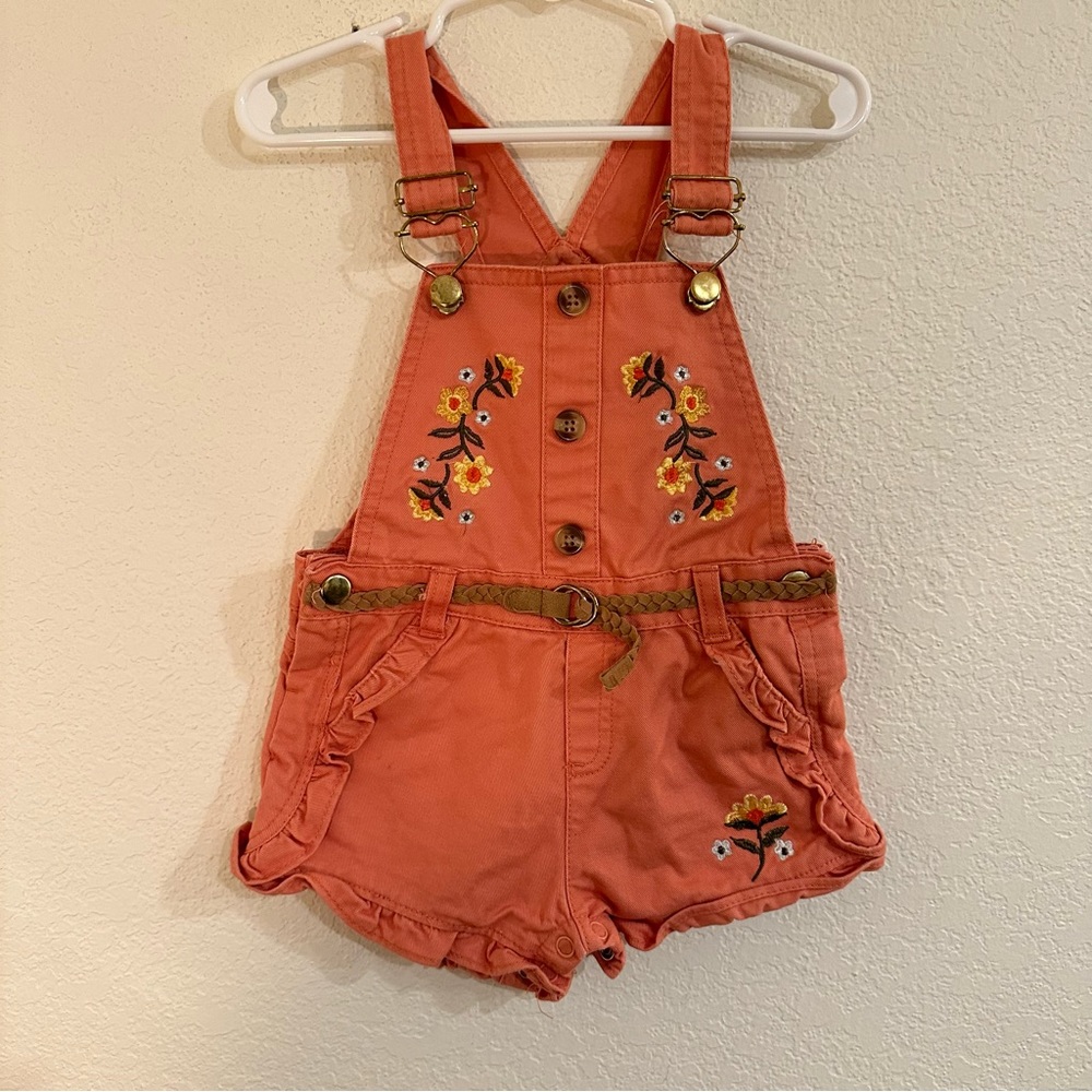 Coral Overalls, Shorts, Embroidered Flowers, Belt, Ruffles, Size 24 months
